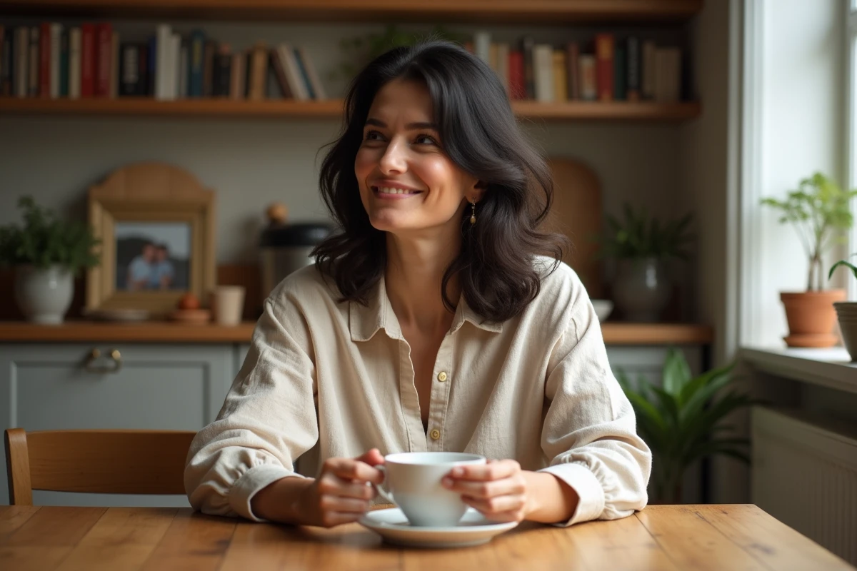 Femme aux cheveux ondulés foncés savourant un thé dans une cuisine familiale chaleureuse, moment de vie privée authentique