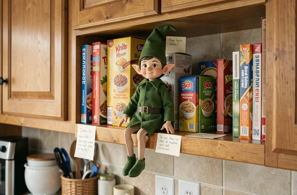 Lutin farceur perché sur une étagère de cuisine entouré de céréales empilées et de petits messages espièges pour enfants