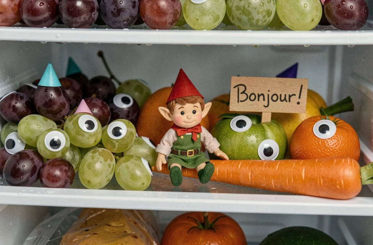 Gros plan d'un lutin farceur installé dans le bac à légumes du réfrigérateur avec des yeux collés sur les fruits et légumes