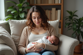 Jeune maman allaitant son bébé dans un intérieur chaleureux