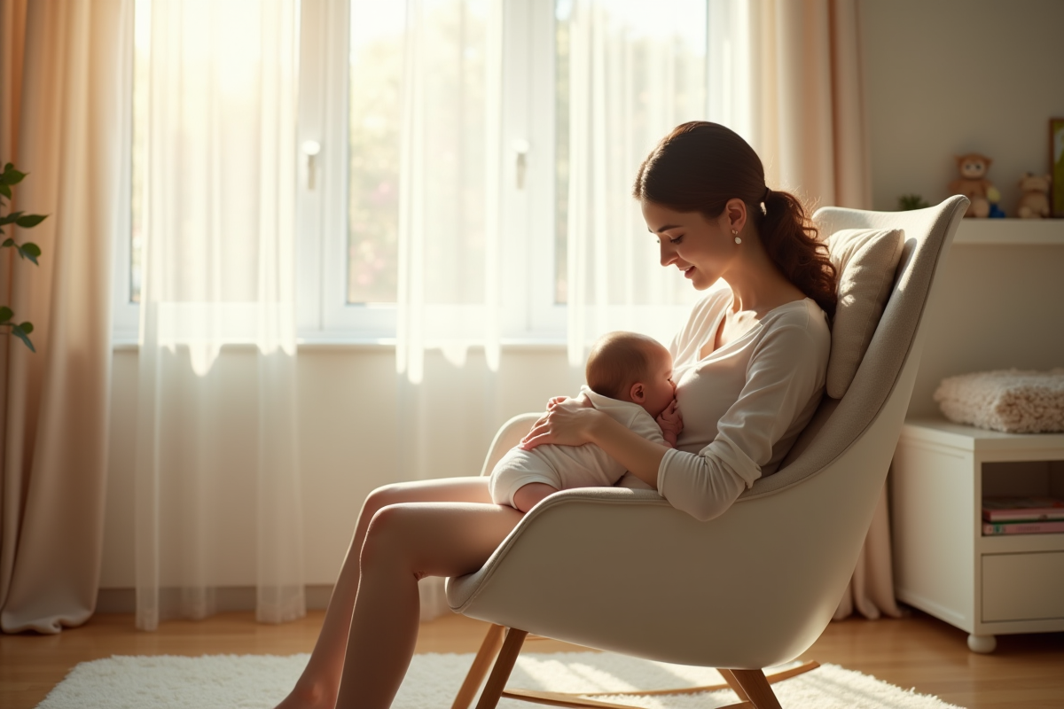 Maman allaitant son bébé dans une nurserie calme et moderne