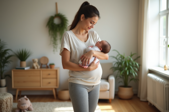 Femme avec bébé dans un salon lumineux et cosy