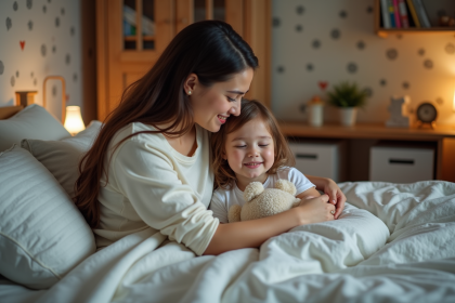 Maman et fille dans la chambre au coucher