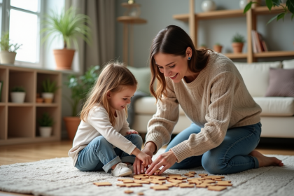 Maman et fille assemble un puzzle dans un salon chaleureux