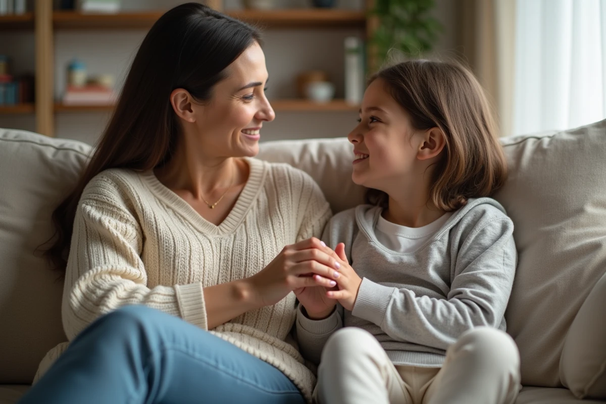 Maman et fille discutant calmement sur un canapé