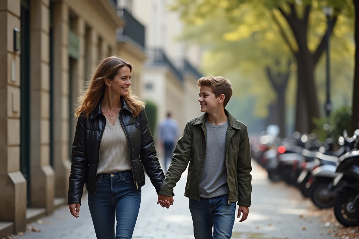 Femme et son fils marchant main dans la main dans une rue parisienne