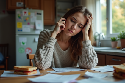 Maman inquiète assise à la cuisine avec factures