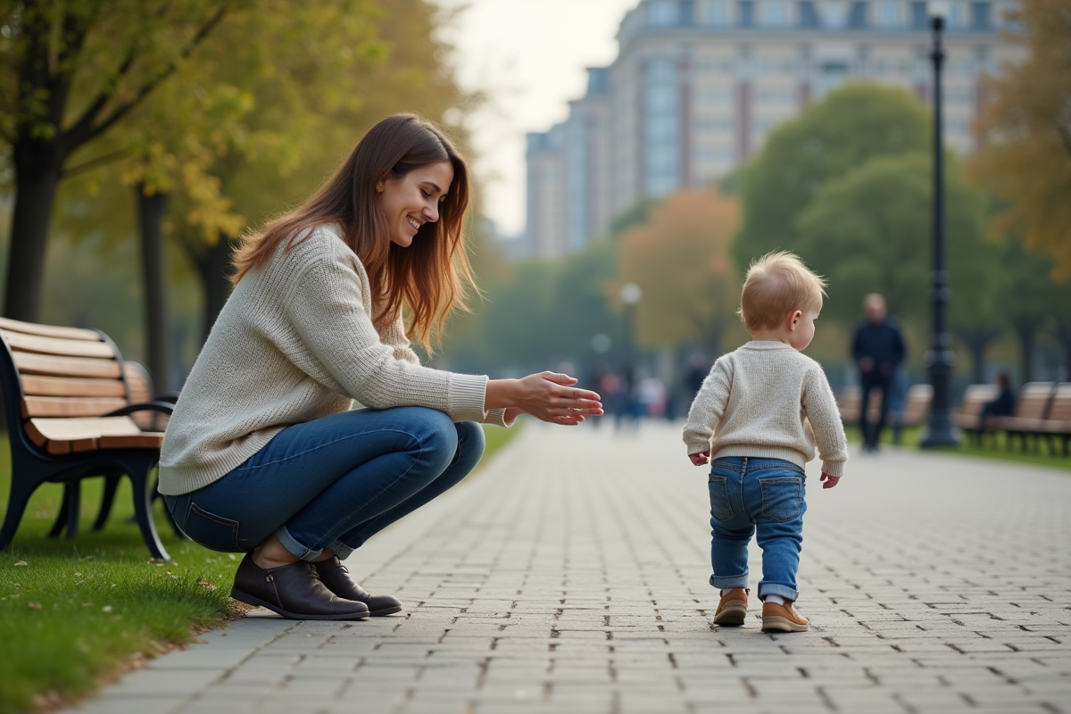 Mère regardant son enfant dans un parc urbain en plein air