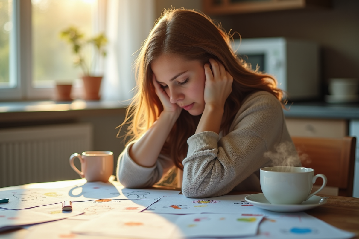 Maman stressée assise à la table de cuisine avec papiers et dessins