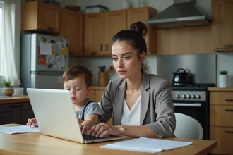 Maman au travail avec son enfant dans la cuisine moderne