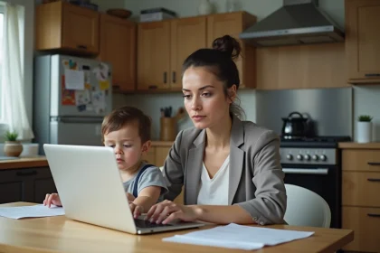 Maman au travail avec son enfant dans la cuisine moderne