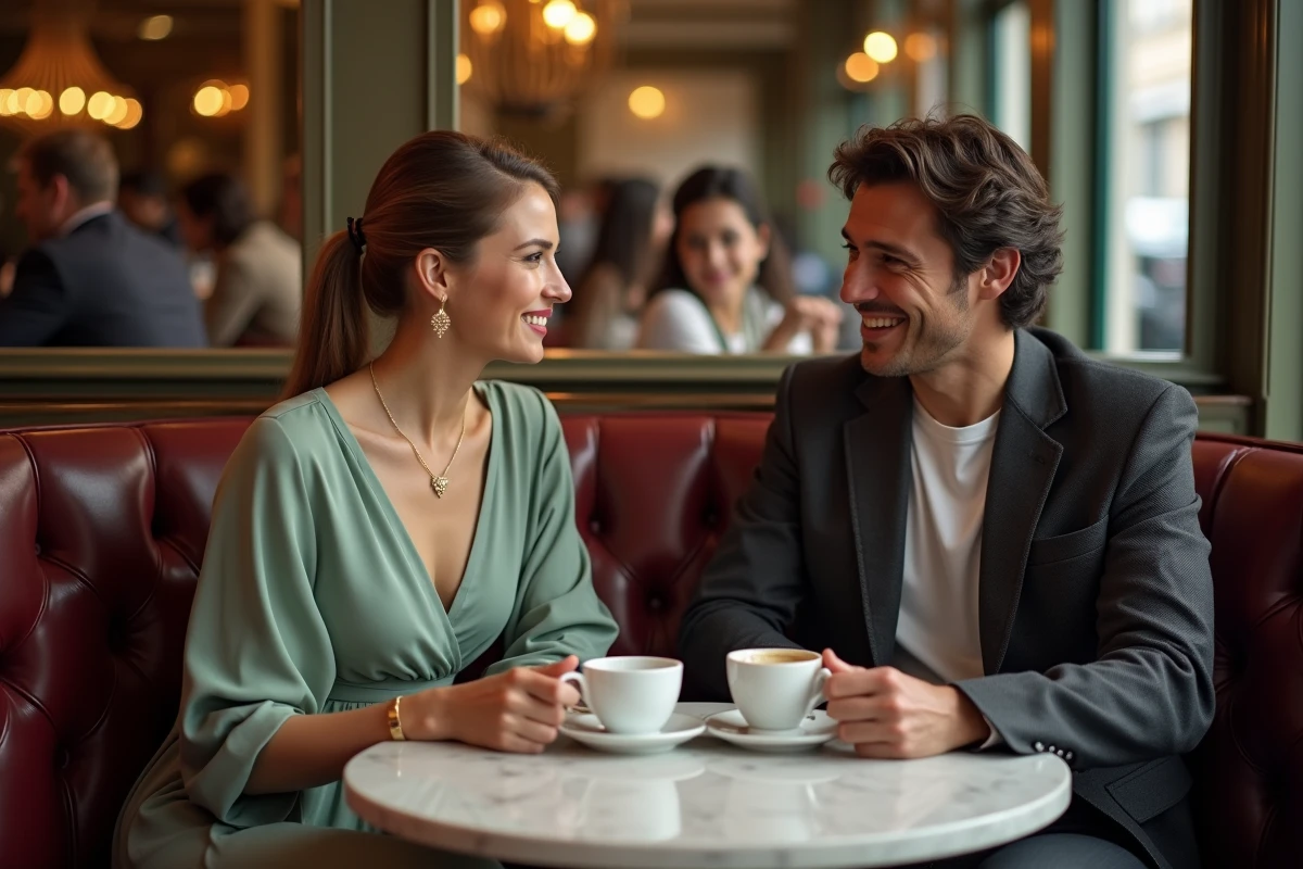 Couple moderne et complice attablé dans une brasserie parisienne, évoquant une relation authentique et libérée des conventions médiatiques