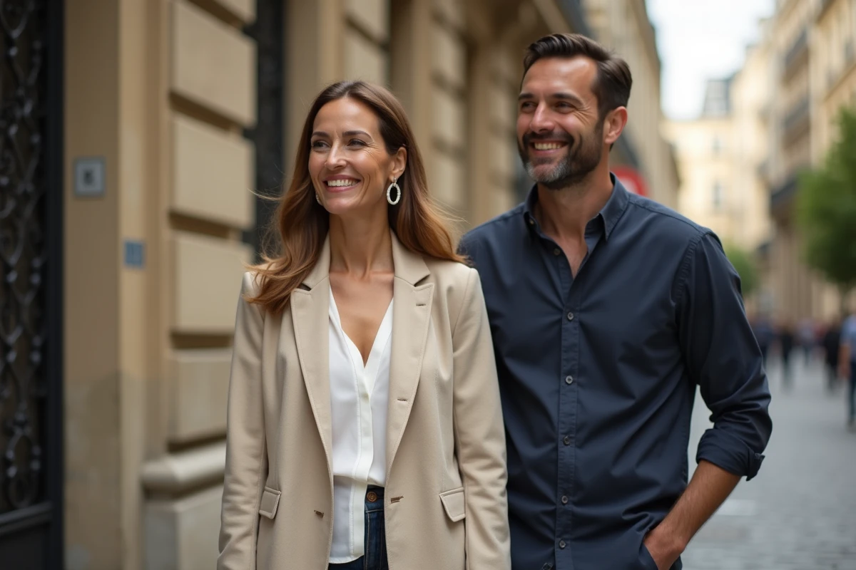 Couple élégant et décontracté se promenant dans une rue pavée de Paris, illustrant un style de vie libre et authentique loin des conventions de la célébrité