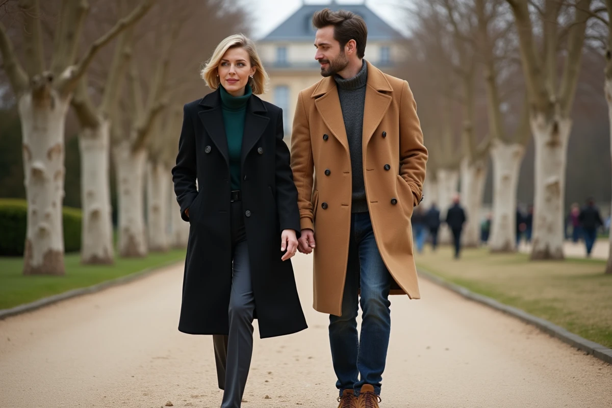 Couple élégant et naturel se promenant dans les jardins du Palais-Royal à Paris, symbolisant une liberté de ton et une complicité assumée loin des projecteurs