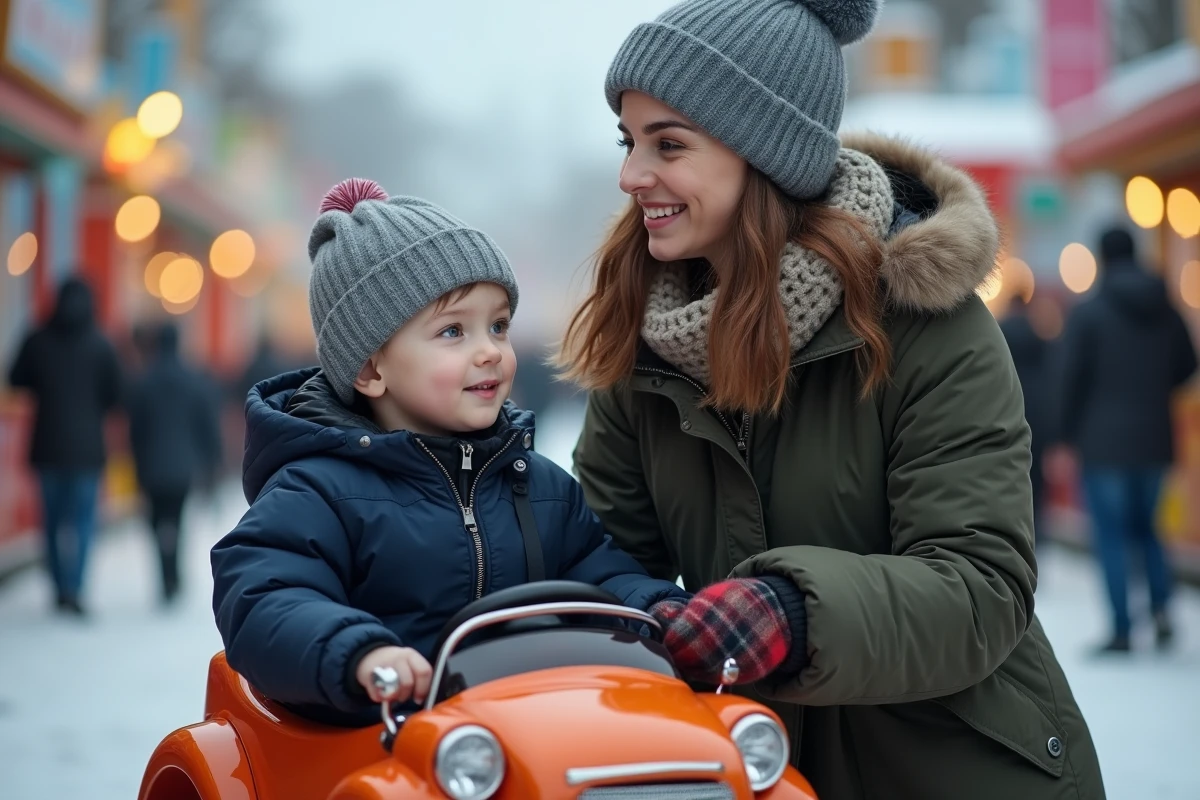 Mère et enfant en bas âge sur un petit manège de voitures électriques à la foire de Lille en hiver