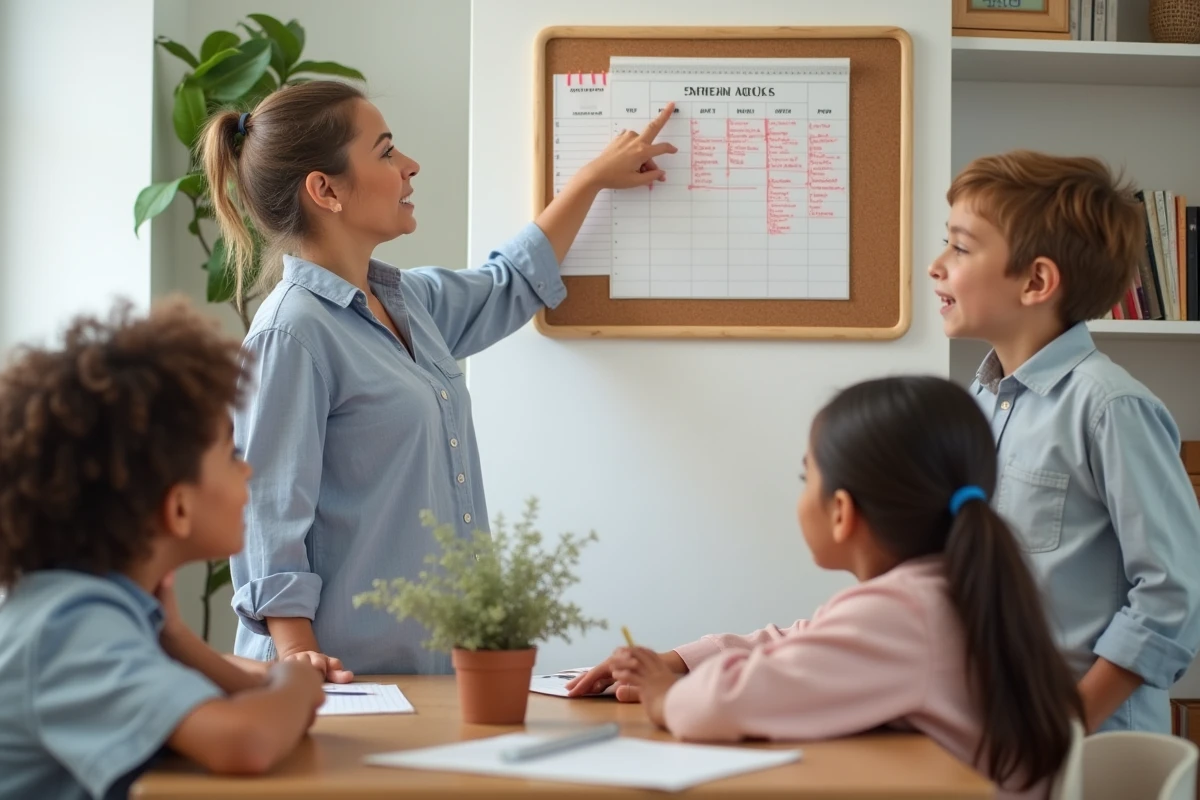 Mère expliquant le calendrier des vacances scolaires 2025-2026 à ses enfants dans le cadre d'une organisation en co-parentalité