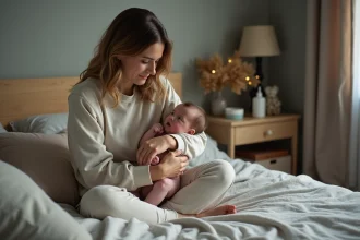 Jeune maman fatiguée berçant son bébé dans le lit