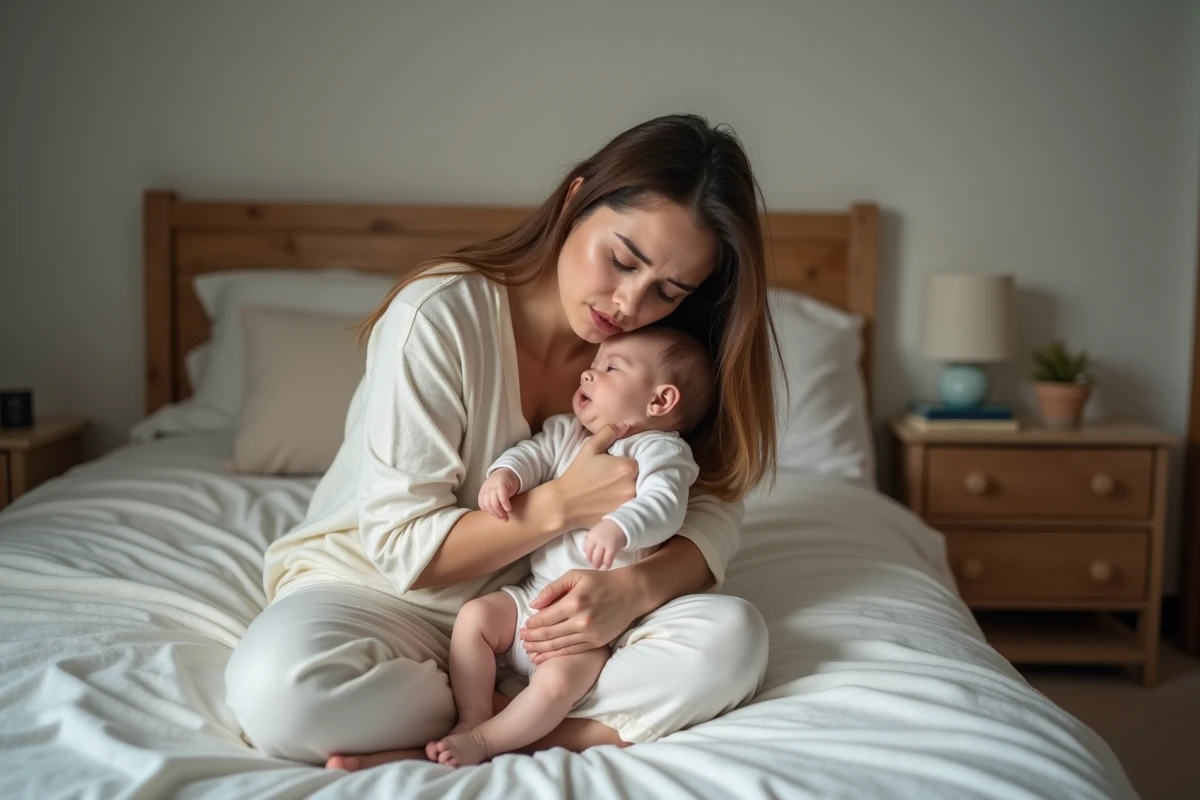 Mère fatiguée avec son bébé dans une chambre chaleureuse