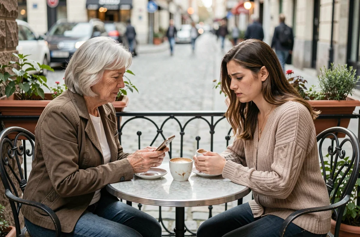 Mère et fille adulte dans un café, distance émotionnelle malgré la proximité physique