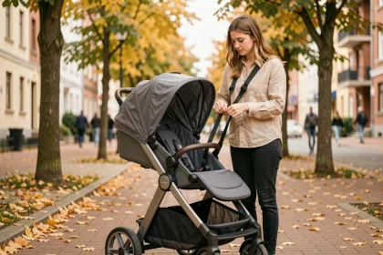 Jeune mère ajustant les harnais d'une poussette 4 en 1 convertible sur un trottoir urbain en automne
