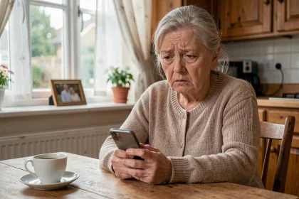 Femme âgée seule à table tenant son téléphone en attendant des nouvelles de sa fille