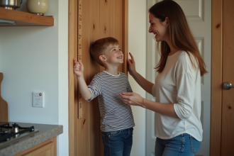 Jeune garçon mesuré par sa mère dans la cuisine familiale