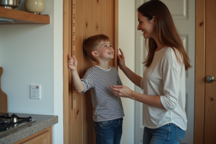 Jeune garçon mesuré par sa mère dans la cuisine familiale