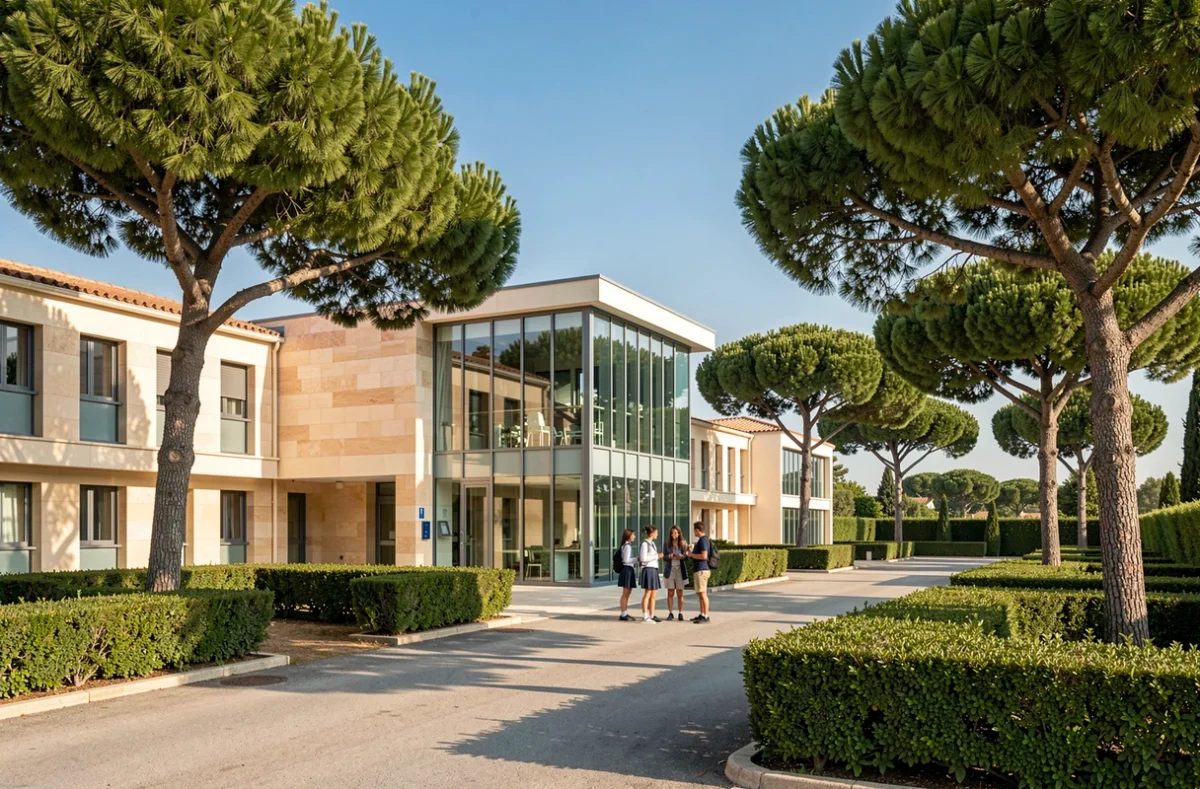 Campus moderne de Mougins School entouré de pins méditerranéens avec des élèves devant les bâtiments