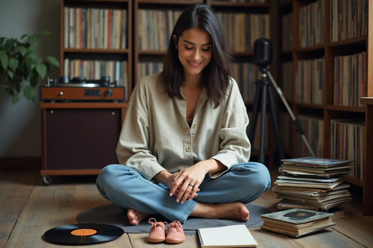 Musicienne contemplant une paire de chaussures de bébé entourée de disques vinyles et d'un carnet de notes, symbolisant la maternité et la créativité artistique
