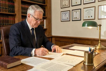 Notaire en costume marine examinant des documents de testament sur un bureau en chêne dans un office notarial traditionnel