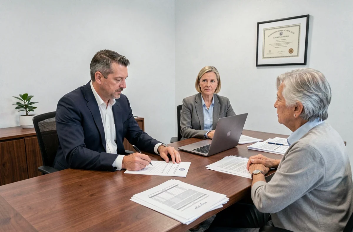Notaire expliquant le tarif d'un testament à un couple de retraités dans un bureau moderne