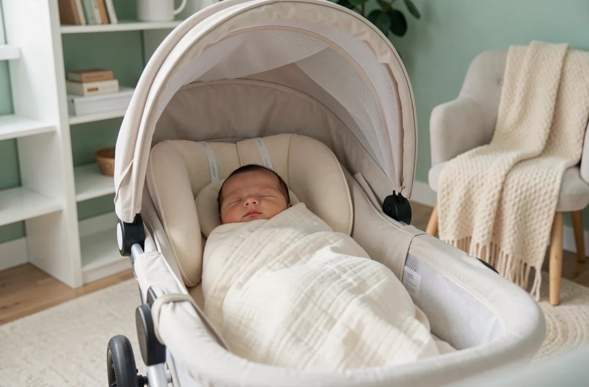 Nouveau-né endormi dans le module nacelle d'une poussette 4 en 1 dans une chambre bébé scandinave