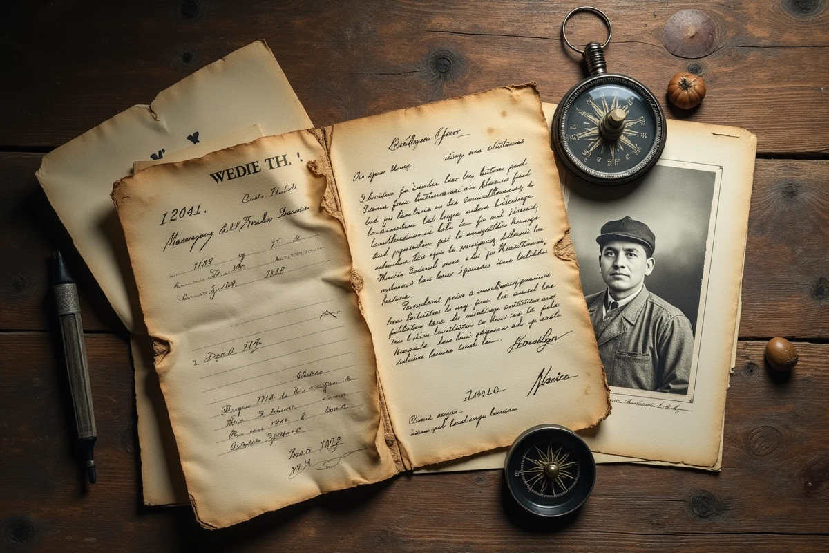 Objets patrimoniaux liés à l'histoire migratoire d'une famille : documents d'identité, lettres manuscrites et photographies anciennes