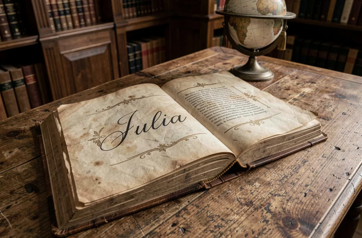 Vieux livre ouvert sur une table en chêne avec le prénom Julia écrit en latin, évoquant ses origines historiques