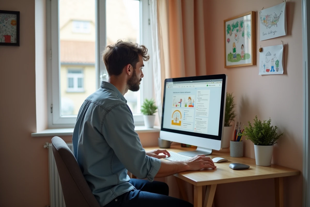 Jeune père regardant un portail familial sur son ordinateur à la maison