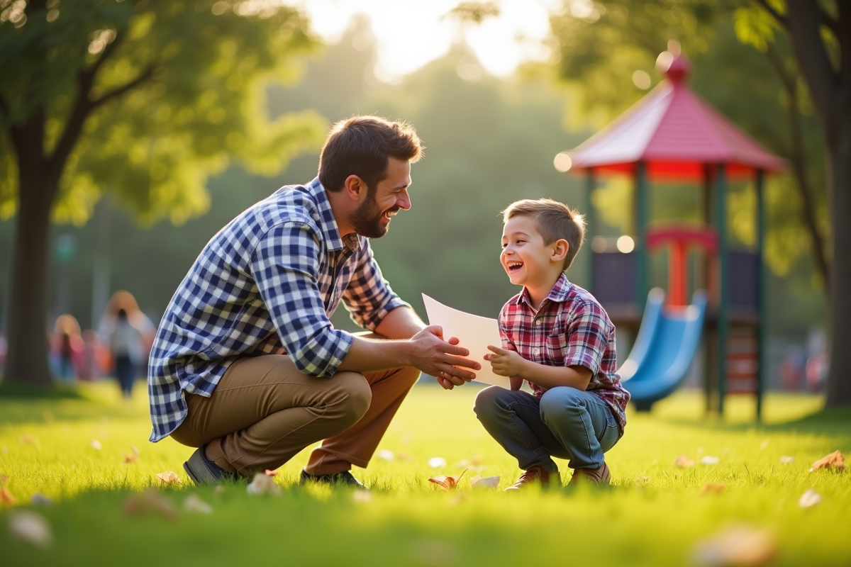 Pere et fils rient dans un parc ensoleille