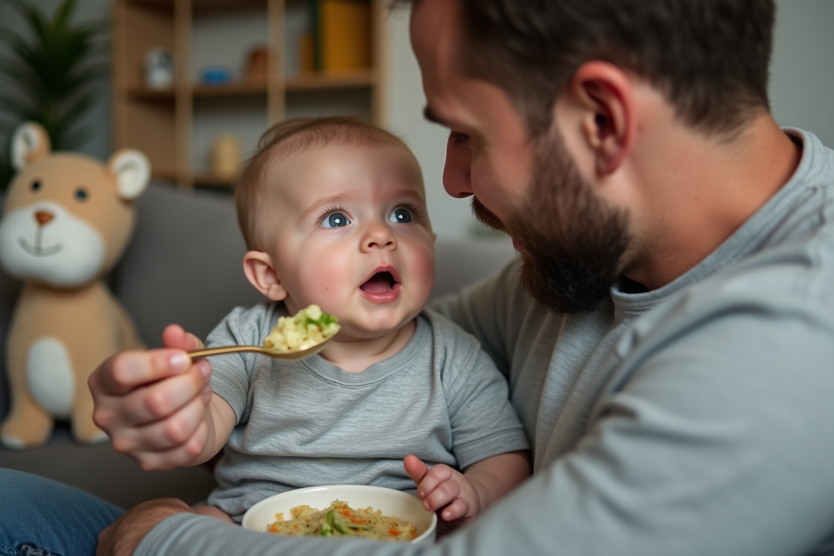 Papa donnant à manger à son bébé dans un salon familial