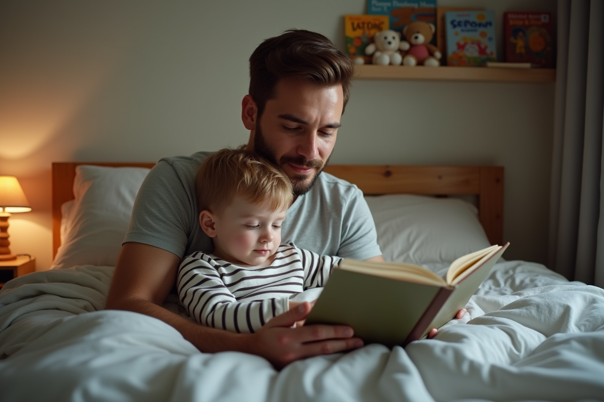 Pere lisant une histoire a son enfant au lit