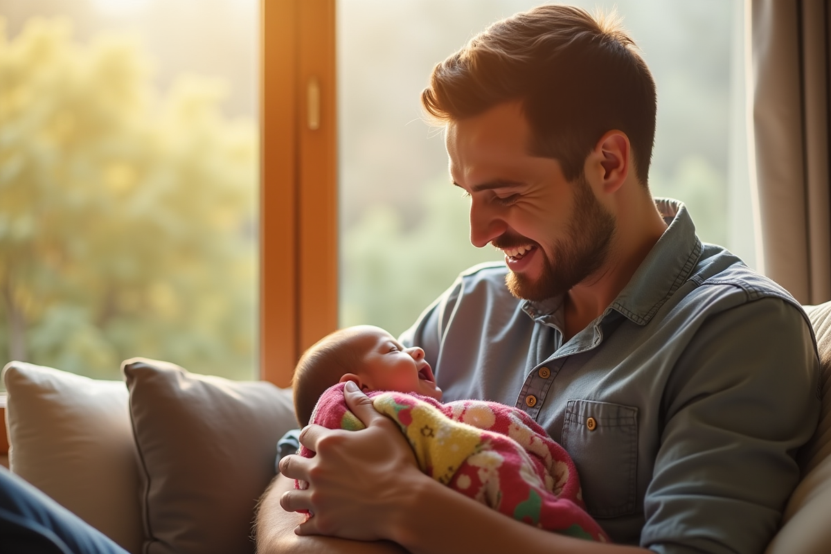 Papa nourrissant son bébé dans un salon en plein jour
