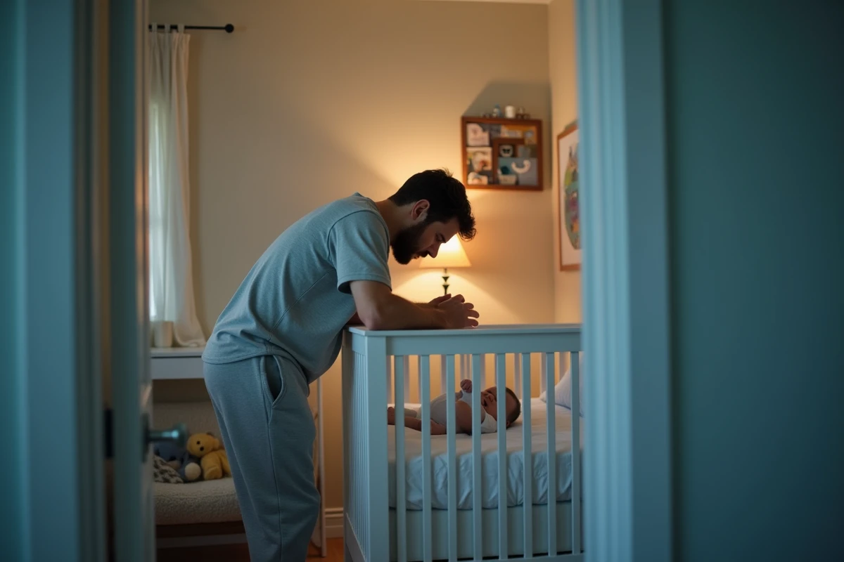 Père apaisant un bébé éveillé dans la chambre de nuit