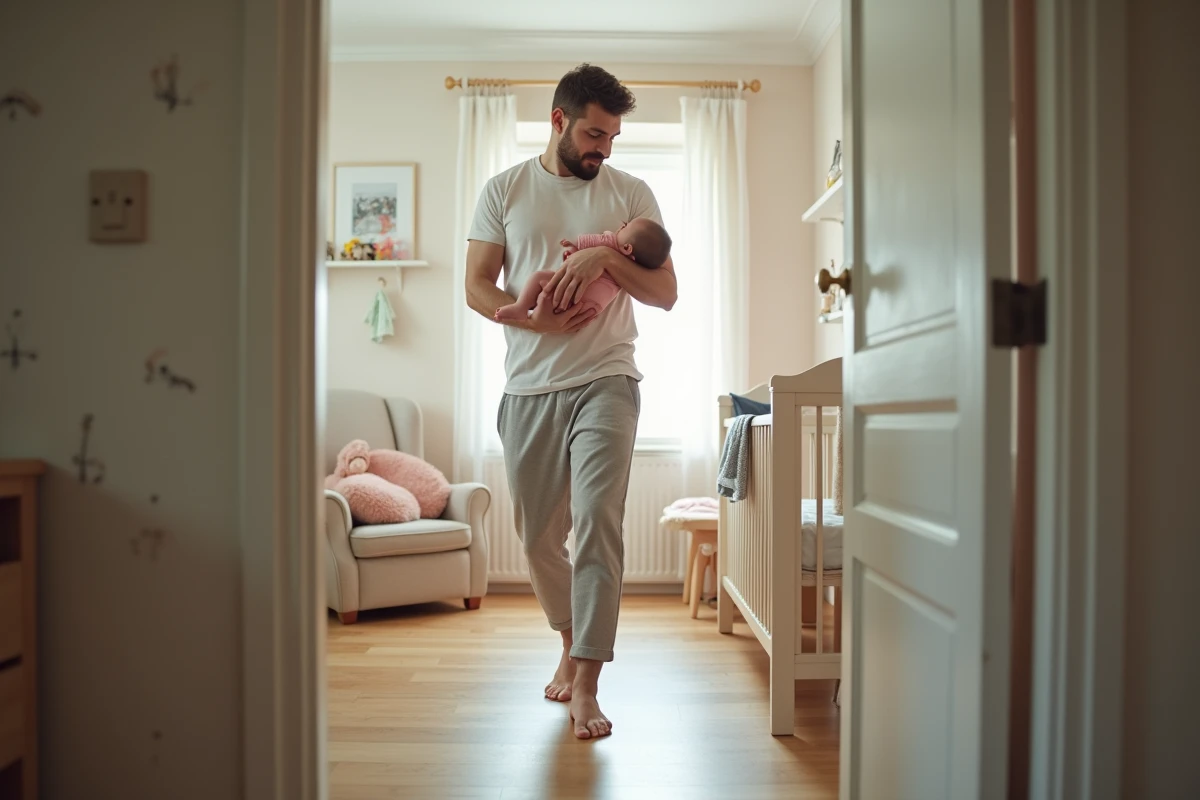 Père fatigué marchant dans la chambre de bébé