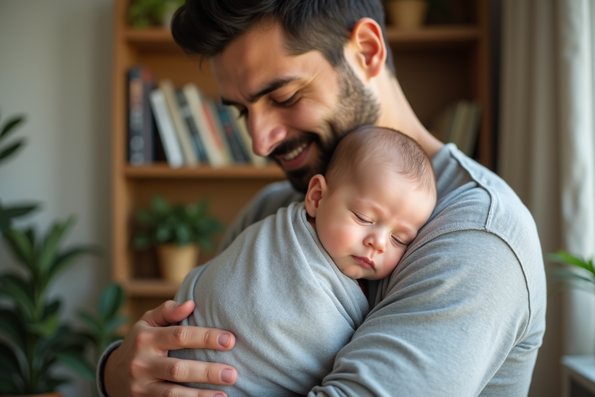 Père apaisant son bébé dans un salon lumineux