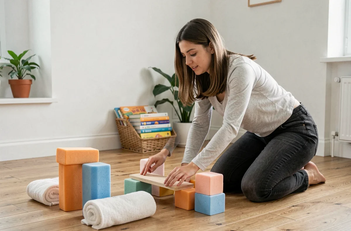 Maman qui prépare un parcours de motricité fait maison avec des accessoires simples et économiques pour son bébé