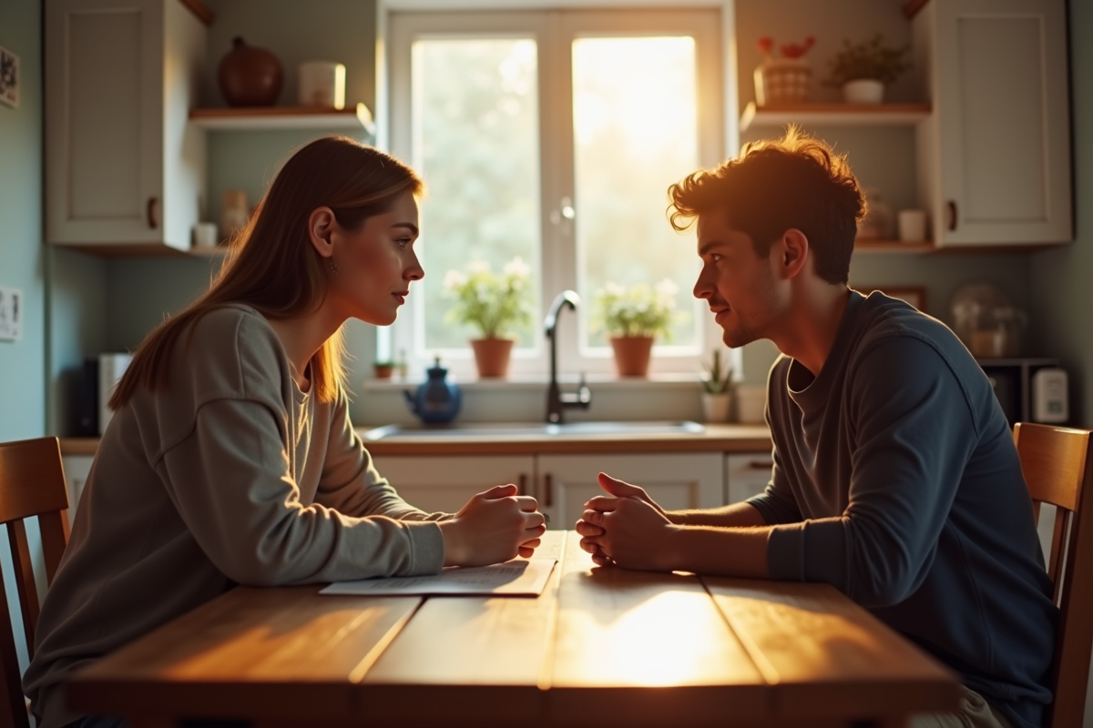 Parent discutant calmement avec un adolescent à la cuisine