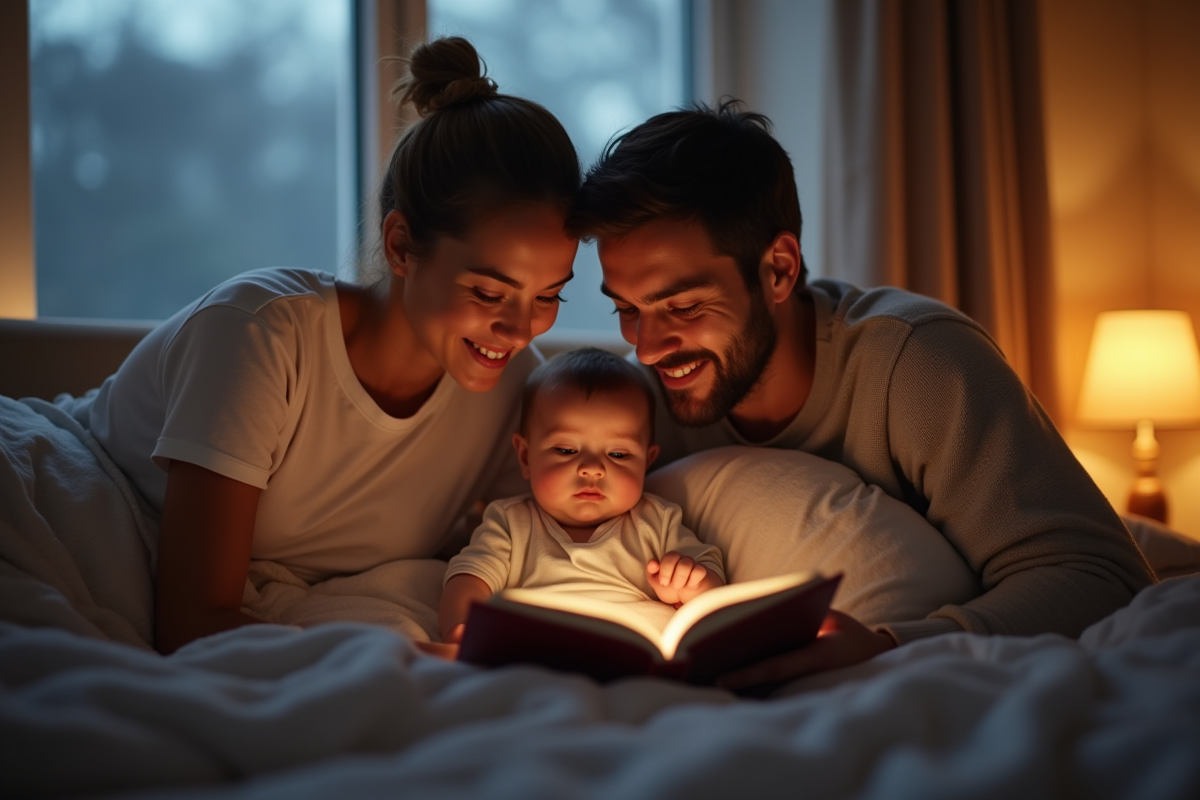 Parents lisant une histoire à leur bébé dans une chambre chaleureuse