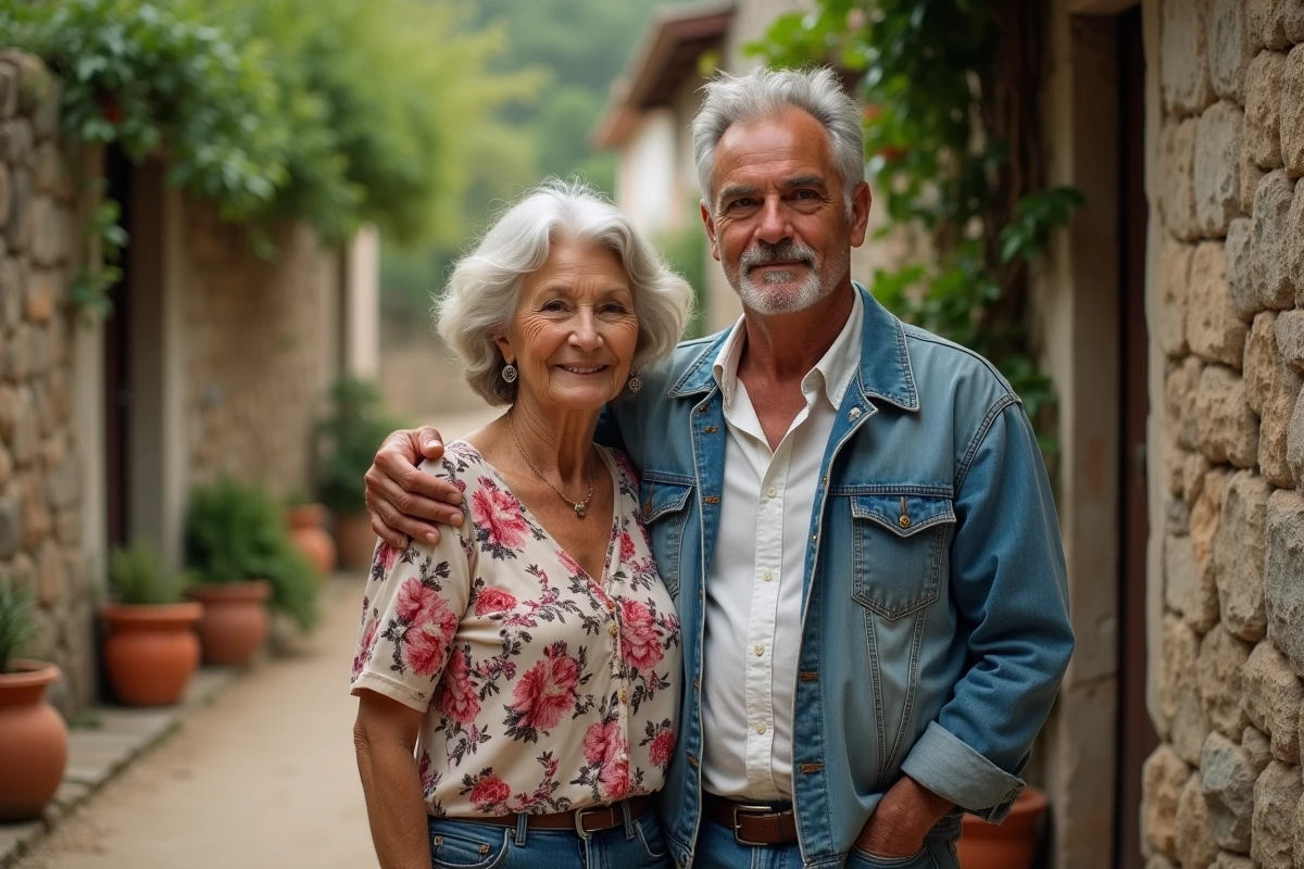Couple de parents d'origine mixte latino-américaine et européenne devant une maison en pierre, symbolisant une histoire familiale complexe