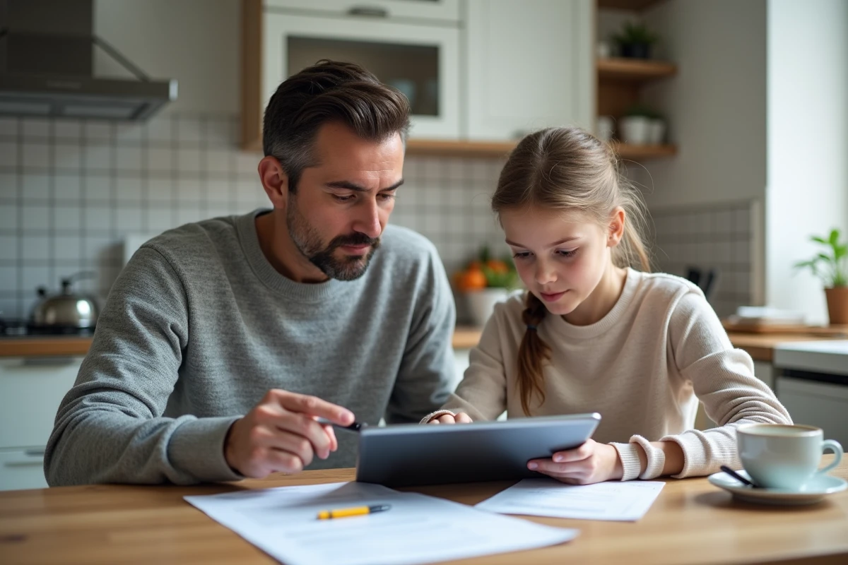 Père et fille consultant ensemble le portail famille de Meudon sur une tablette dans une cuisine familiale