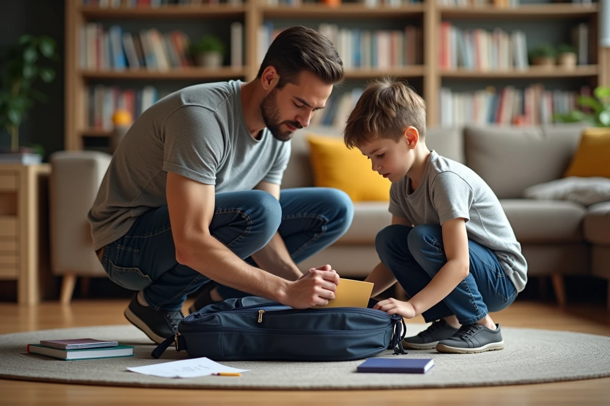 Père et fils préparant le cartable ensemble la veille de la rentrée scolaire 2026 en glissant un mot doux