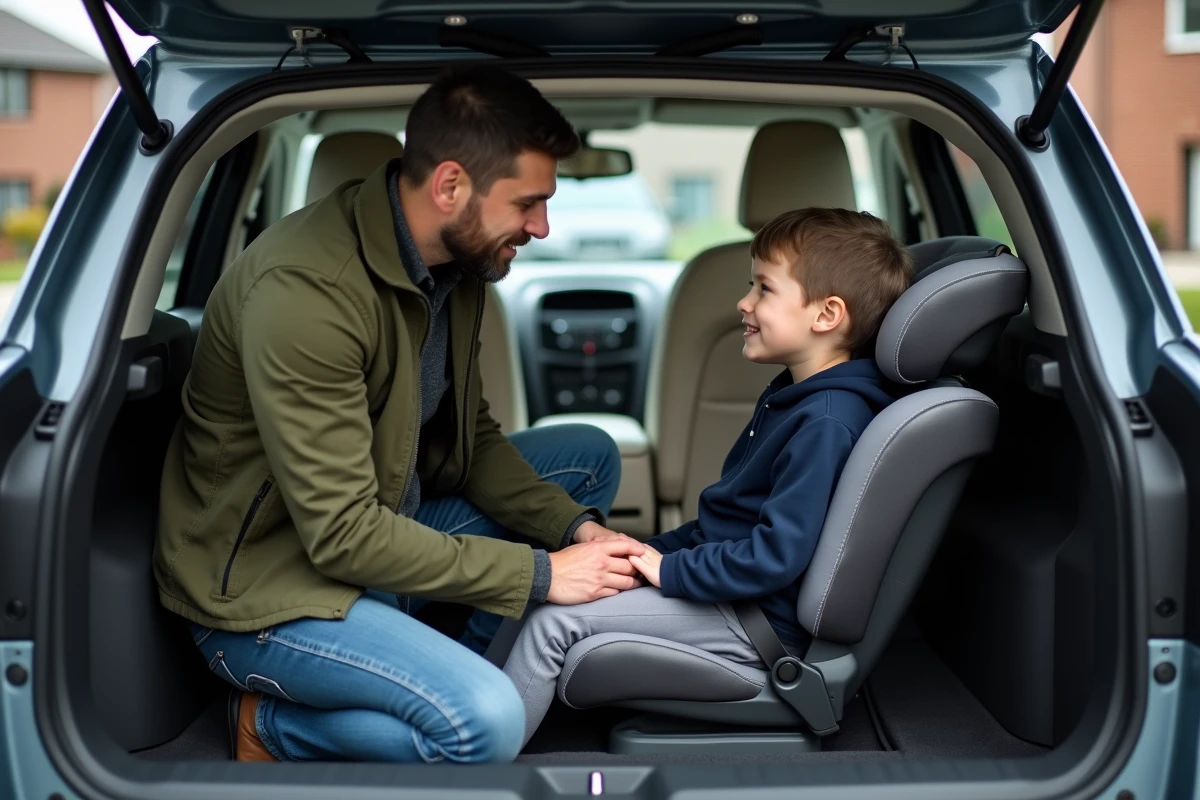 Père aidant son fils à s'attacher dans un siège réhausseur installé dans le coffre arrière d'un SUV