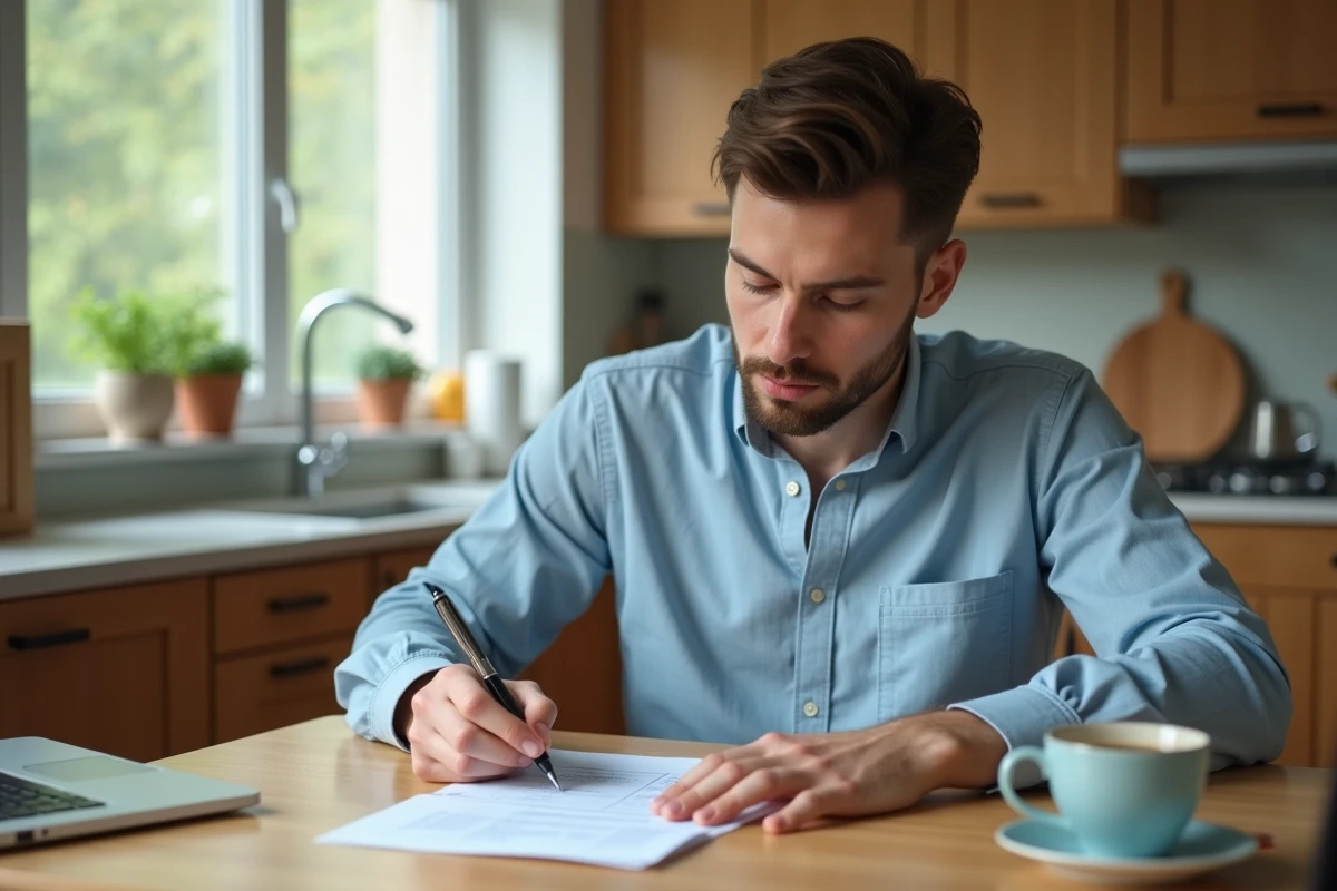 Père de famille rédigeant un courrier de congé parental à table dans sa cuisine